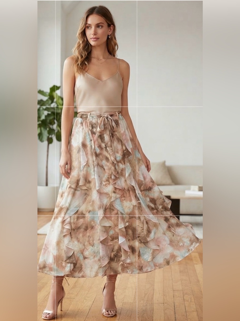 Alice Blue Neutral Watercolor Ruffle Maxi Skirt - Women